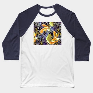 YELLOW ORANGE FLYING CRANES ,FLOWERS, SEA WAVES RED NAVY BLUE FLORAL Baseball T-Shirt